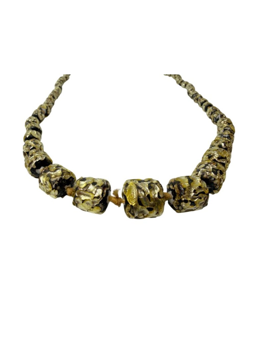 Vintage Murano Chunky Knotted Resin Prayer Bead Necklace Gold Foil Black 32" - Picture 3 of 11